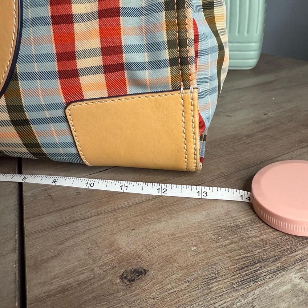 Tory Burch Plaid Tote Bag in Multicolor with Tan Leather Trim - Picture 15 of 16